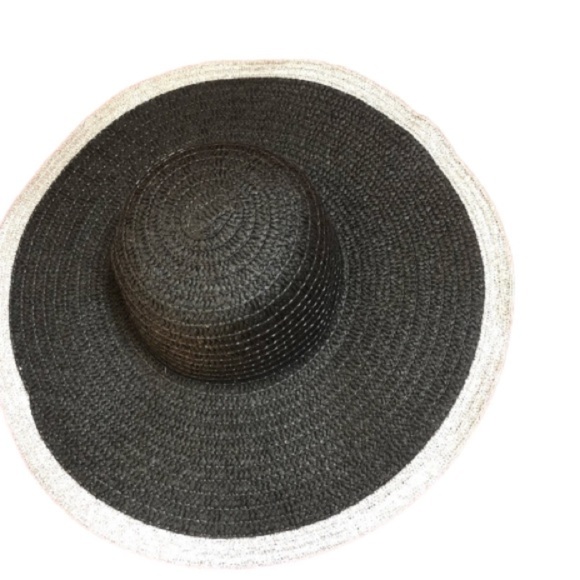 Chatties black wide brim beach hat with silvery  white trim main image 6